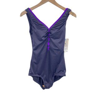 Vintage Maxine of Hollywood one piece swimsuit size 10 NOS black purple Made USA